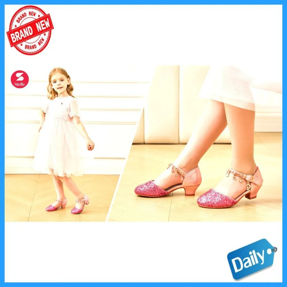 Girls Dress Sandals with Sequins Velcro Straps 1 Inch Heel Flower Wedding Party